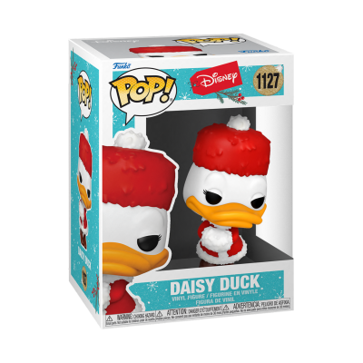 Figura Funko Pop! Disney Daisy Duck com chapéu e cachecol de Natal em embalagem