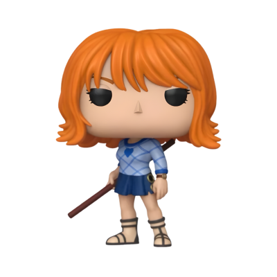 Boneco Funko Pop com cabelo laranja e roupa azul segurando um bastão
