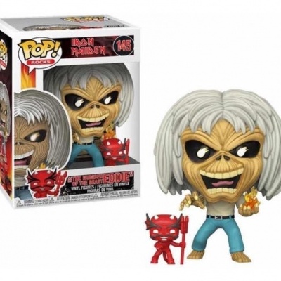 Figura Funko Pop! Rocks Eddie da banda Iron Maiden com figura vermelha pequena e embalagem de vinil