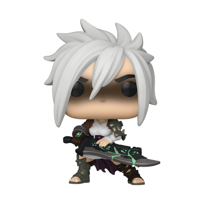 Figura Funko Pop com cabelo branco, armadura e espada grande