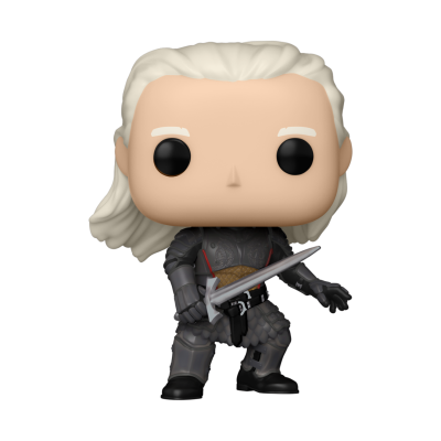 Figura Funko Pop com cabelo branco e armadura cinza segurando espada
