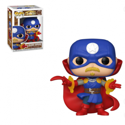 Figura Funko Pop Soldier Supreme com capa vermelha e máscara azul ao lado da caixa.