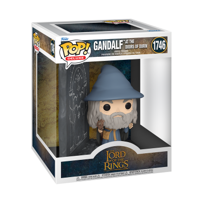 Funko Pop Deluxe Gandalf At The Doors Of Durin, vinil com chapéu azul e barba cinzenta, em caixa do Senhor dos Anéis nº 1746