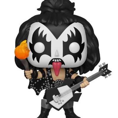 Boneco Funko Pop músico com roupa preta e cara pintada segurando guitarra e tocha