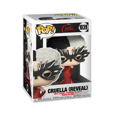 Figura Vinyl Pop! Cruella (Reveal) com cabelo preto e branco e vestido vermelho dentro da caixa