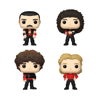 Quatro figuras Funko Pop com roupas pretas e vermelhas em fundo preto