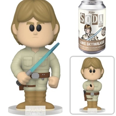 Figura Funko Soda Luke Skywalker com sabre de luz azul e lata com texto Funko SODA FIGURE LUKE SKYWALKER.
