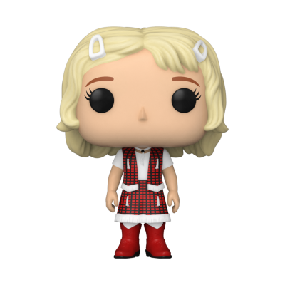 Figura Funko Pop feminina com vestido vermelho quadriculado e botas vermelhas