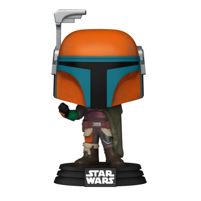 Figura de Boba Fett de Star Wars com capacete laranja e azul em base preta