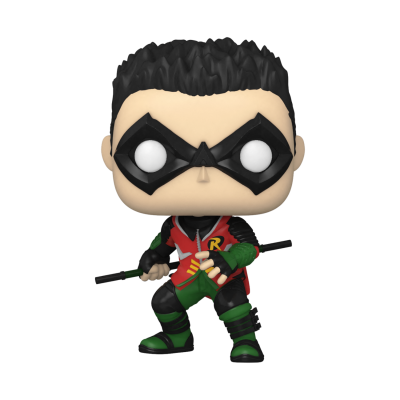 Figura Funko Pop do personagem Robin com fato vermelho, verde e preto