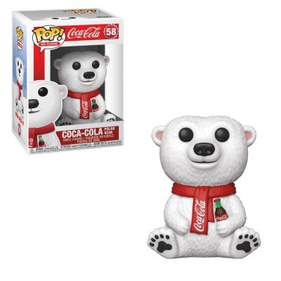 Boneco colecionável Funko Pop do urso polar Coca-Cola com cachecol vermelho e garrafa de Coca-Cola