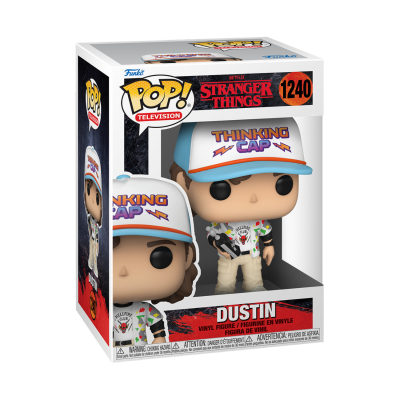Figura POP! Stranger Things Dustin com boné azul e branco na caixa