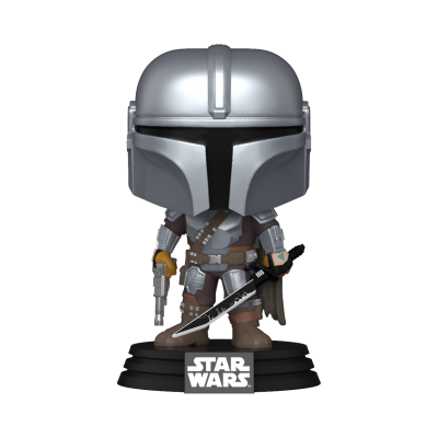 Figura Funko Pop do Mandalorian com armadura prateada e marrom