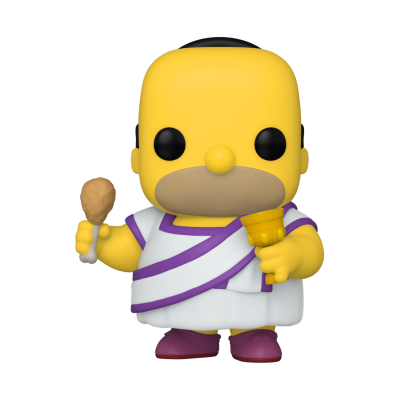 Figura Funko Pop de personagem amarelo com toga branca e roxa, coxa de frango e cálice