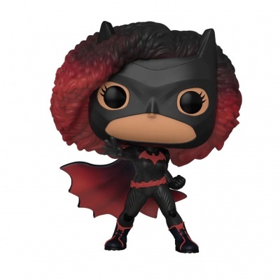 Figura Funko Pop Batwoman com cabelo cacheado vermelho e preto e capa vermelha