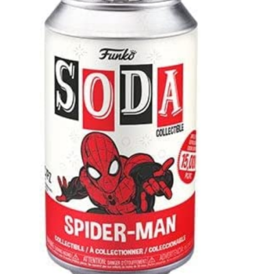 Lata branca e vermelha da bebida Funko SODA colecionável com imagem do Spider-Man