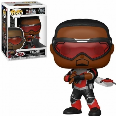 Funko Pop Falcon com roupa preta e vermelha e óculos vermelhos na caixa