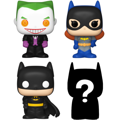 Quatro figuras colecionáveis estilo Funko Pop com personagens Batman, Batgirl e Joker, com cores predominantes preto, verde, azul e branco.