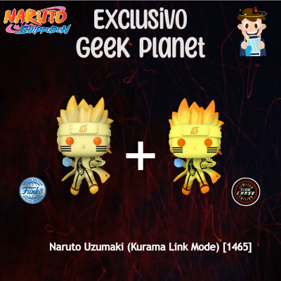 Figuras Funko Pop de Naruto Uzumaki em modo Kurama Link, uma normal e uma brilhante, com texto e logotipos promocionais.