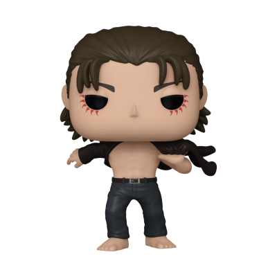 Figurine estilo Funko POP masculino com cabelo castanho, olhos negros com detalhes vermelhos e calças pretas