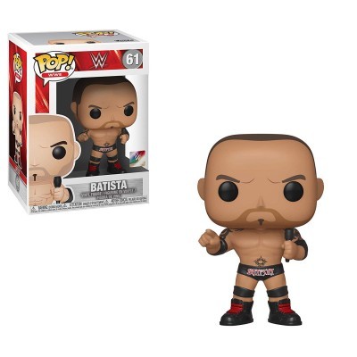 Figura colecionável FUNKO POP! WWE Batista com calções pretos e detalhes vermelhos ao lado da sua caixa.