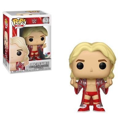 Funko Pop Ric Flair com robe vermelho e cabelos loiros junto à caixa do produto