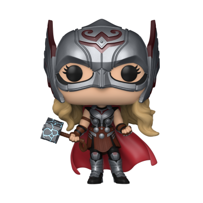 Figura Funko Pop de Thor com capacete, armadura, capa vermelha e martelo.