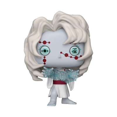 Funko Pop de personagem com pele cinzenta clara, cabelo branco e roupa branca com detalhes vermelhos e azul