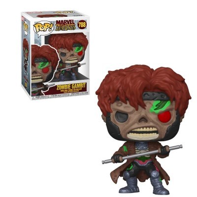Figura POP! Marvel Zombies Zombie Gambit Nº 788 com cabelo castanho-avermelhado, olhos desiguais, casaco castanho, segurando cajado prateado e caixa ao lado