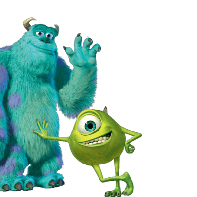 Dois personagens animados da película Monsters Inc., um grande e peludo azul com manchas roxas e outro pequeno e verde com um olho.
