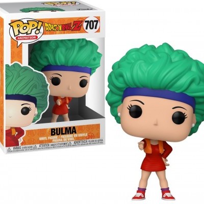 Figura Funko Pop de Bulma com cabelo verde e vestido vermelho ao lado da embalagem.