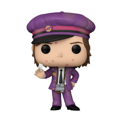Figura Funko Pop de personagem com fato e chapéu roxo, segurando tira e câmara fotográfica