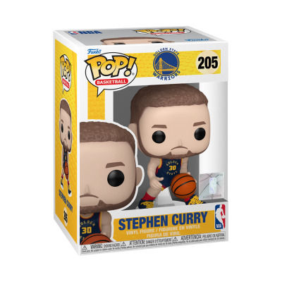 Caixa Funko Pop! Stephen Curry com uniforme de basquete azul e laranja, número 205.