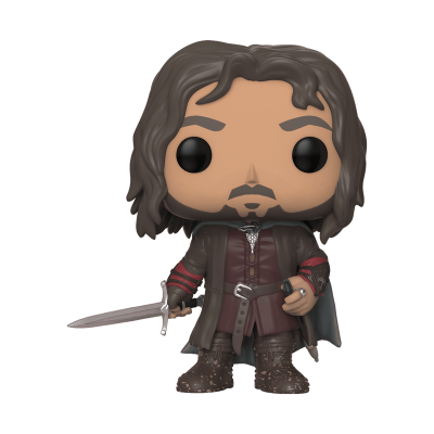 Figura Funko Pop de personagem com espada, adaga, roupa castanha e capa azul-escura