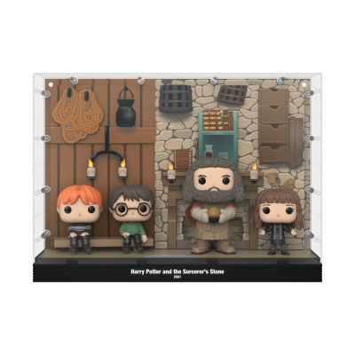 Miniaturas Funko Pop de personagens de Harry Potter numa cabana com acessórios e base preta com texto