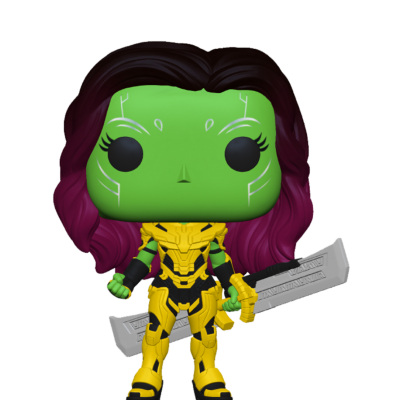 Figura Funko Pop com rosto verde, cabelo castanho com pontas roxas, armadura amarela e preta, e uma arma prateada grande