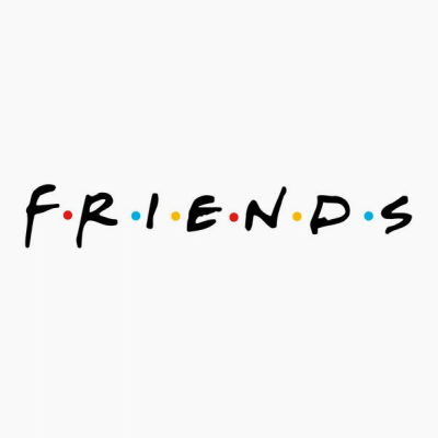 Logótipo da série Friends com letras pretas e pontos coloridos