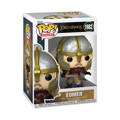 Figura Funko Pop de Éomer com elmo prateado e dourado na embalagem