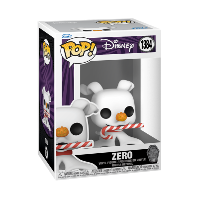 Figura Funko Pop! Disney Zero nº 1384, cão fantasma branco com bengala de doce e abóbora, na caixa roxa e branca.