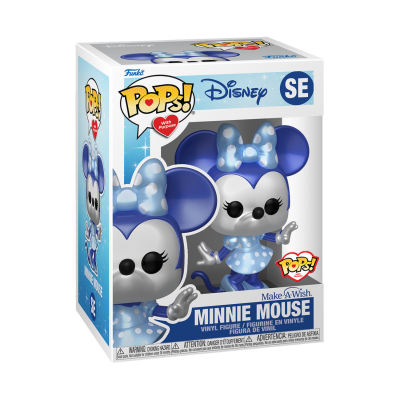 Figura Disney Minnie Mouse Vinyl Pop! azul claro com bolinhas brancas com laço azul na cabeça na caixa