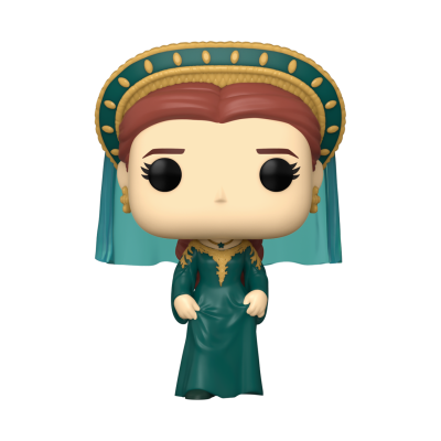 Figura Funko Pop vestida historicamente em verde e dourado com véu azul