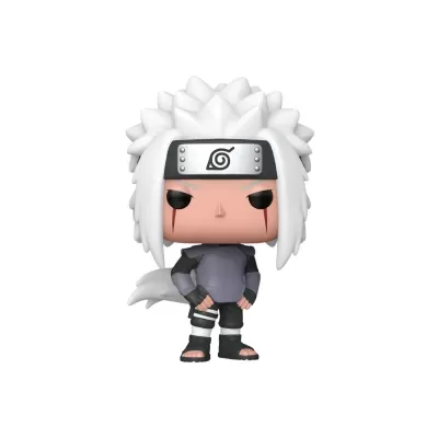 Figura Funko Pop personagem cabelo branco faixa na testa roupa preta e cinza em fundo branco.