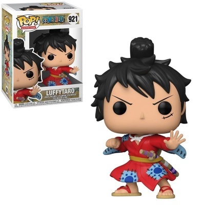 Estatueta Funko Pop LuffyTaro vestindo roupa vermelha com padrões azuis e amarelos, com cicatriz no olho esquerdo, próximo da caixa do produto.