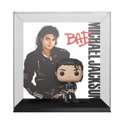 Figura Funko Pop do Michael Jackson com roupa preta em caixa transparente com fundo ilustrado e texto BAD