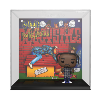 Figura Funko Pop do rapper Snoop Dogg com ilustração ao fundo