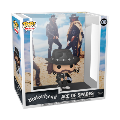 Figura Funko Pop! Ace of Spades da banda Motörhead com chapéu preto e pistola em caixa transparente