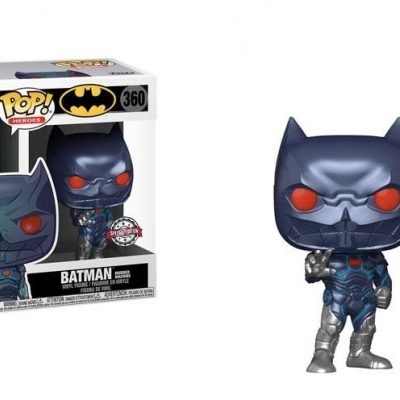 Figura Funko Pop! Batman 360 com traje azul e cinza e caixa ao lado.