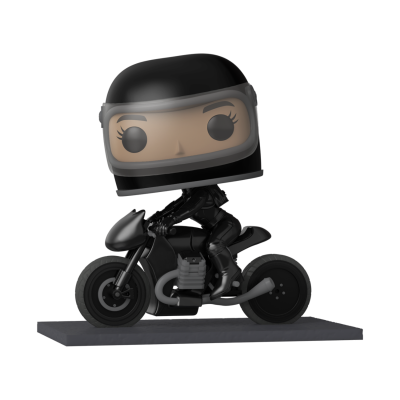 Figura Funko Pop de motoqueiro com fato e capacete pretos numa mota preta