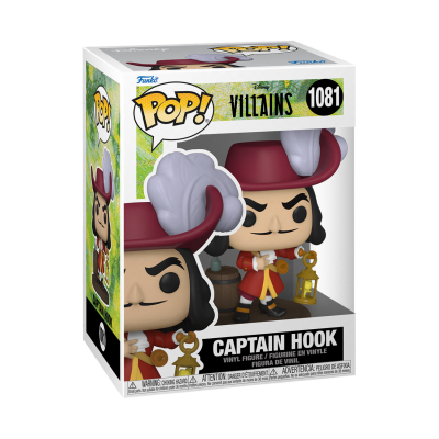 Figura Funko Pop Captain Hook com roupa vermelha e chapéu com pena em embalagem