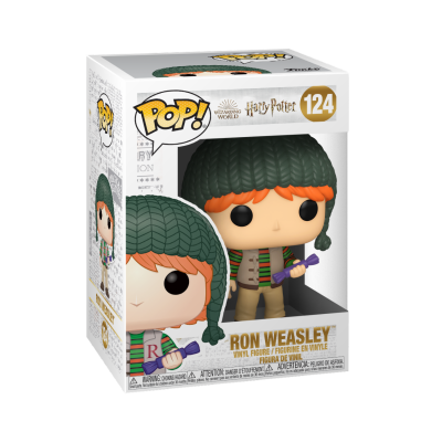 Figura Funko Pop! Ron Weasley com gorro verde e varinha roxa dentro de caixa